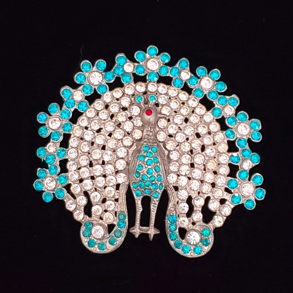 Early Vintage Turquoise and White Pave Set Rhinestone Peacock Brooch Aqua 1930's